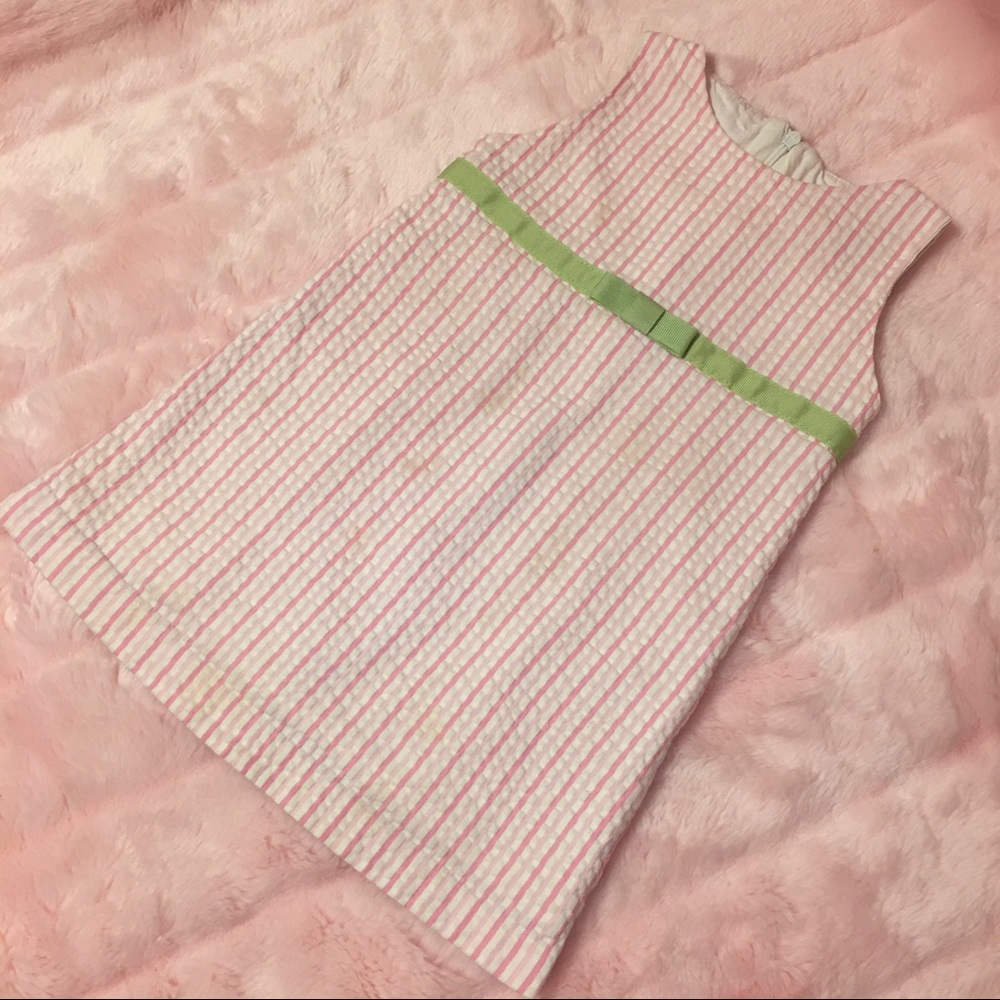 Hartstrings Girls Pink White Seersucker Sleeveless Shift Dress Green Ribbon Bow